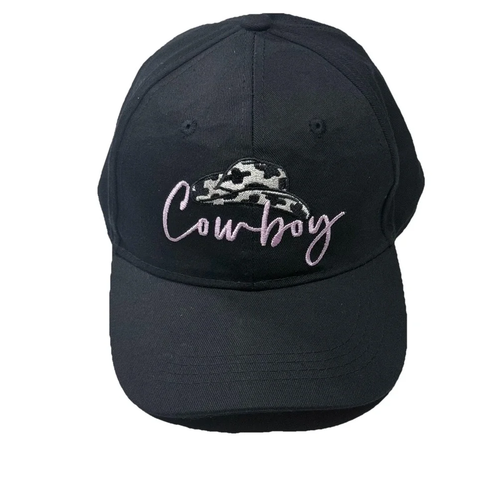 Black Baseball Cap Pink Cowboy Embroidery Cow Print Western Hat Adjustable OS